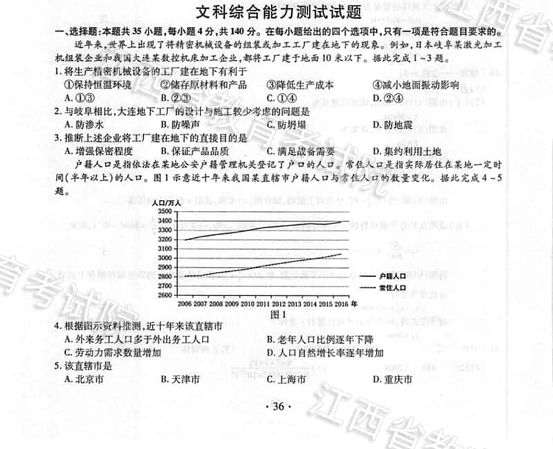 2018江西高考文科综合能力测试试题、参考答案