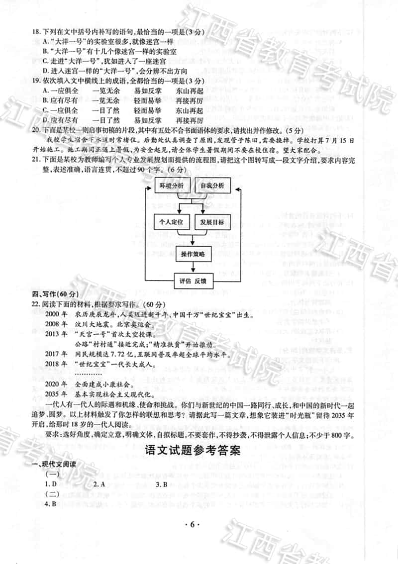 2018江西高考语文试题、参考答案