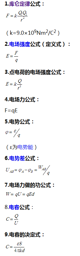 高中物理静电场公式及考点知识梳理