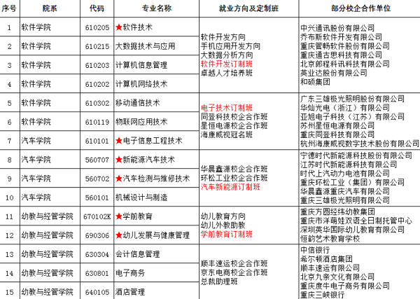 重庆信息技术职业学院2020年单招专业