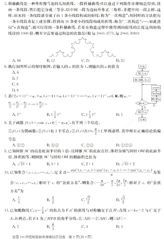 2020全国100所名校理科数学模拟卷（含答案）