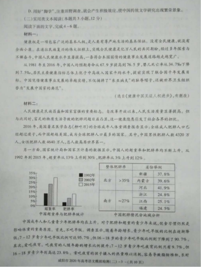 2020届陕西咸阳市语文高考模拟检测试题  ​