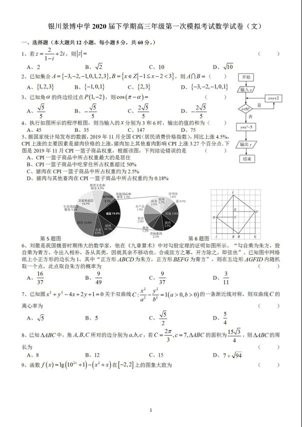 2020届宁夏高三下学期数学（文）一模试题