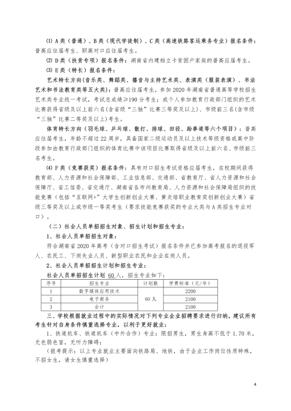 2020湖南铁道职业技术学院单独招生简章