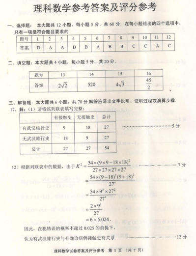 2020全国高考理科数学模拟试题及答案