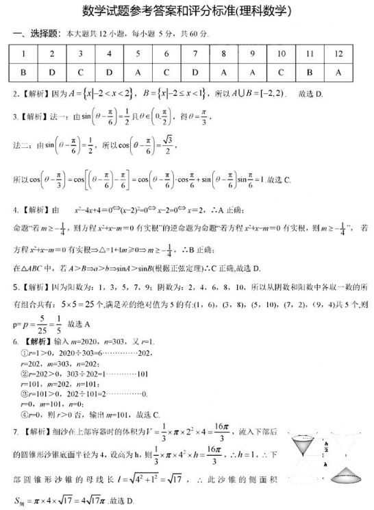 2020吉林高考理科数学押题卷（含答案）